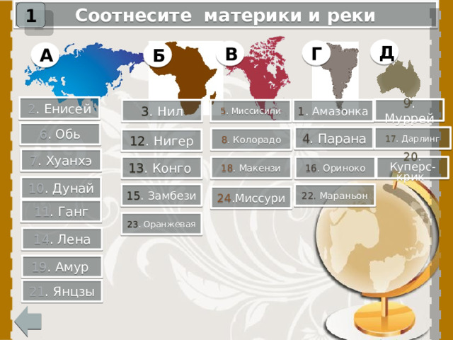 Соотнесите материки и реки 1 Д Г В Б А 2 . Енисей 9 . Муррей 1 . Амазонка 3 . Нил 5 . Миссисипи 6 . Обь 4 . Парана 17 . Дарлинг 8 . Колорадо 12 . Нигер 7 . Хуанхэ 13 . Конго 16 . Ориноко 18 . Макензи 20 . Куперс-крик 10 . Дунай 15 . Замбези 22. Мараньон 24 .Миссури 11 . Ганг 23 . Оранжевая 14 . Лена 19 . Амур 21 . Янцзы