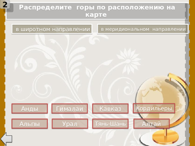 2 Распределите горы по расположению на карте  в широтном направлении  в меридиональном направлении Кликнув на название гор, прямоугольник перемещается в нужный столбик таблицы. Кордильеры Анды Гималаи Кавказ Алтай Альпы Тянь-Шань Урал