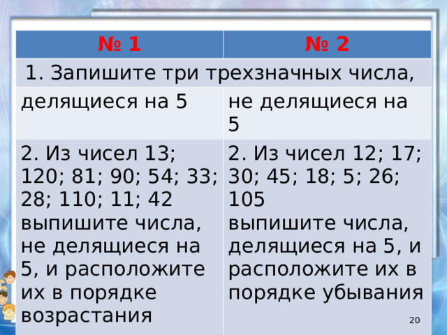 №  1 № 2 Запишите три трехзначных числа, делящиеся на 5 не делящиеся на 5 2. Из чисел 13; 120; 81; 90; 54; 33; 28; 110; 11; 42 выпишите числа, не делящиеся на 5, и расположите их в порядке возрастания 2. Из чисел 12; 17; 30; 45; 18; 5; 26; 105 выпишите числа, делящиеся на 5, и расположите их в порядке убывания