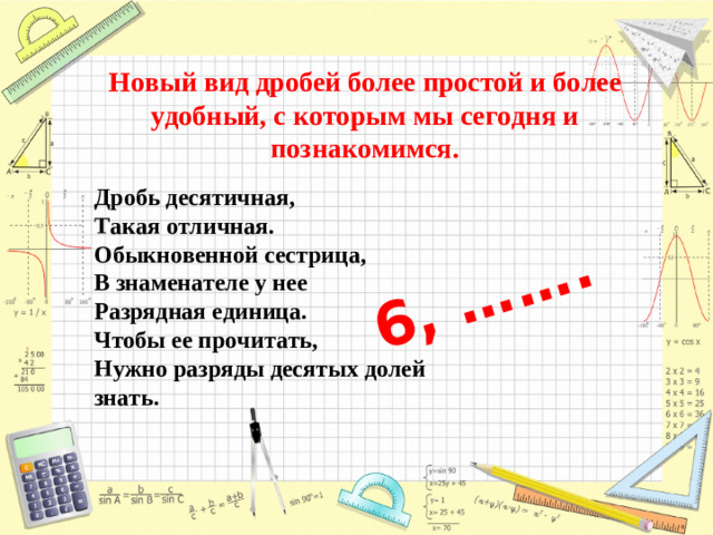 6, ……. Новый вид дробей более простой и более удобный, с которым мы сегодня и познакомимся. Дробь десятичная, Такая отличная. Обыкновенной сестрица, В знаменателе у нее Разрядная единица. Чтобы ее прочитать, Нужно разряды десятых долей знать.