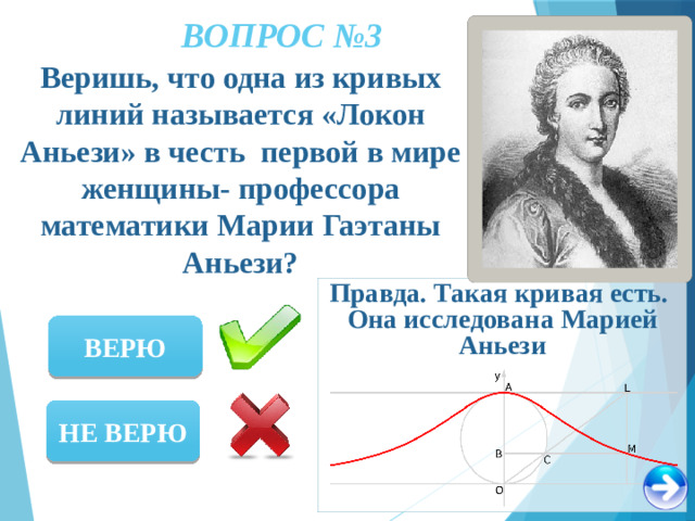 ВОПРОС №3 Веришь, что одна из кривых линий называется «Локон Аньези» в честь первой в мире женщины- профессора математики Марии Гаэтаны Аньези? Правда. Такая кривая есть. Она исследована Марией Аньези ВЕРЮ НЕ ВЕРЮ