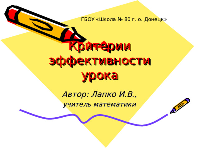 ГБОУ « Ш кола № 80 г. о. Донецк» Критерии эффективности урока Автор: Лапко И.В., учитель математики