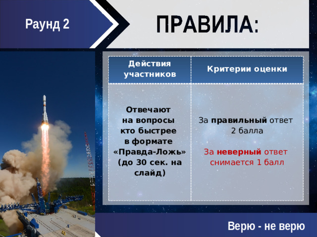 Раунд 2 Действия участников Критерии оценки Отвечают  на вопросы  кто быстрее  в формате  «Правда-Ложь» (до 30 сек. на слайд) За правильный ответ  2 балла За неверный ответ  снимается 1 балл Верю - не верю
