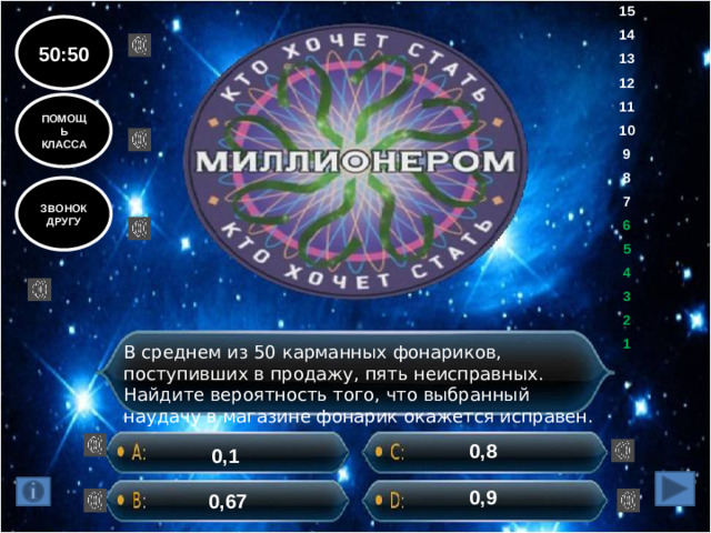 15 14 13 12 11 10 9 8 7 6 5 4 3 2 1 50:50 ПОМОЩЬ КЛАССА ЗВОНОК ДРУГУ В среднем из 50 карманных фонариков, поступивших в продажу, пять неисправных. Найдите вероятность того, что выбранный наудачу в магазине фонарик окажется исправен. 0,8 0,1 0,9 0,67