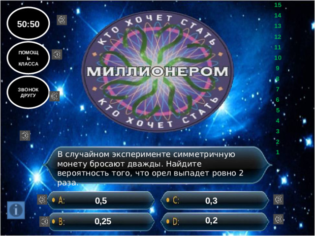 15 14 13 12 11 10 9 8 7 6 5 4 3 2 1 50:50 ПОМОЩЬ КЛАССА ЗВОНОК ДРУГУ В случайном эксперименте симметричную монету бросают дважды. Найдите вероятность того, что орел выпадет ровно 2 раза. 0,5 0,3 0,2 0,25
