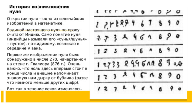 История возникновения нуля    Открытие нуля – одно из величайших изобретений в математике. Родиной настоящего нуля по праву считают Индию. Само понятие нуля (индийцы называли его «сунья/шунья» – пустое), по-видимому, возникло в середине V века. Первое же изображение нуля было обнаружено в числе 270, начертанном на стене г. Гвалиора (876 г.). Очень важно, что ноль здесь впервые стоит в конце числа и внешне напоминает знакомую нам дырку от бублика (разве что немного меньше других цифр). Вот так в течение веков изменялось написание арабских цифр.