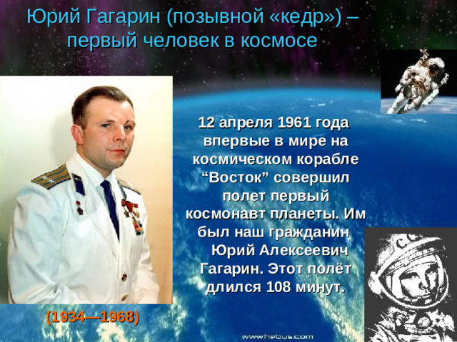 Юрий Гагарин (позывной «кедр») – первый человек в космосе 12 апреля 1961 года впервые в мире на космическом корабле “Восток” совершил полет первый космонавт планеты. Им был наш гражданин  Юрий Алексеевич Гагарин. Этот полёт длился 108 минут. 12 апреля 1961 года впервые в мире на космическом корабле “Восток” совершил полет первый космонавт планеты. Им был наш гражданин  Юрий Алексеевич Гагарин. Этот полёт длился 108 минут. 12 апреля 1961 года впервые в мире на космическом корабле “Восток” совершил полет первый космонавт планеты. Им был наш гражданин  Юрий Алексеевич Гагарин. Этот полёт длился 108 минут. 12 апреля 1961 года впервые в мире на космическом корабле “Восток” совершил полет первый космонавт планеты. Им был наш гражданин  Юрий Алексеевич Гагарин. Этот полёт длился 108 минут. 12 апреля 1961 года впервые в мире на космическом корабле “Восток” совершил полет первый космонавт планеты. Им был наш гражданин  Юрий Алексеевич Гагарин. Этот полёт длился 108 минут. (1934—1968)