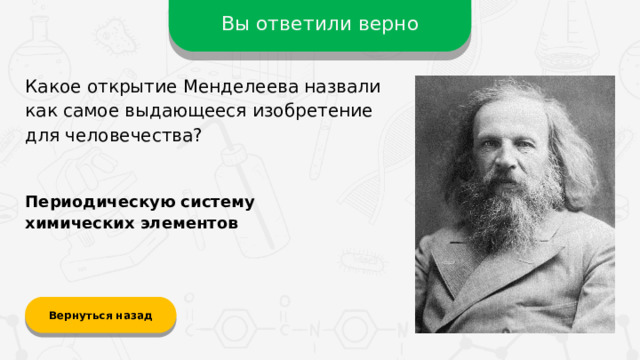 Вы ответили верно Какое открытие Менделеева назвали как самое выдающееся изобретение для человечества? Периодическую систему химических элементов Вернуться назад