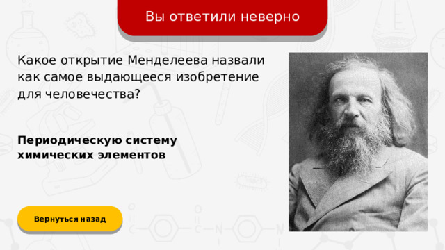 Вы ответили неверно Какое открытие Менделеева назвали как самое выдающееся изобретение для человечества? Периодическую систему химических элементов Вернуться назад