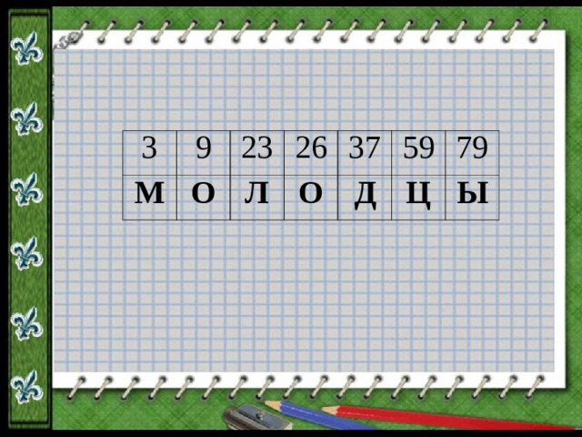3 9 М 23 О 26 Л 37 О 59 Д 79 Ц Ы