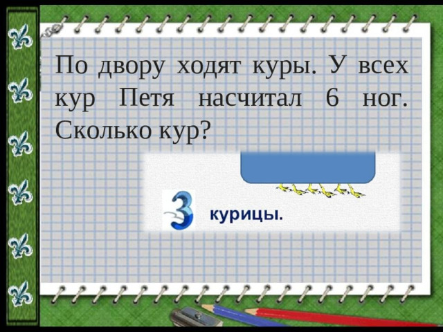 По двору ходят куры. У всех кур Петя насчитал 6 ног. Сколько кур?