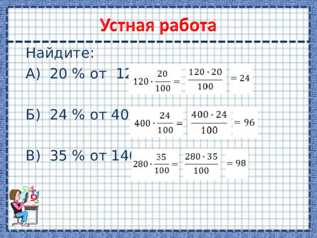 Найдите: А) 20 % от 120 Б) 24 % от 400 В) 35 % от 140