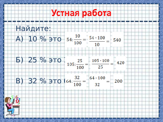 Найдите: А) 10 % это 54 Б) 25 % это 105 В) 32 % это 64