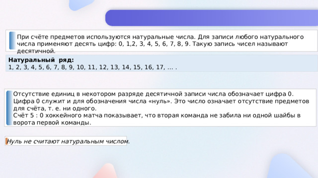 При счёте предметов используются натуральные числа. Для записи любого натурального числа применяют десять цифр: 0, 1,2, 3, 4, 5, 6, 7, 8, 9. Такую запись чисел называют десятичной. Натуральный ряд: 1, 2, 3, 4, 5, 6, 7, 8, 9, 10, 11, 12, 13, 14, 15, 16, 17, … . Отсутствие единиц в некотором разряде десятичной записи числа обозначает цифра 0. Цифра 0 служит и для обозначения числа «нуль». Это число означает отсутствие предметов для счёта, т. е. ни одного. Счёт 5 : 0 хоккейного матча показывает, что вторая команда не забила ни одной шайбы в ворота первой команды. Нуль не считают натуральным числом.