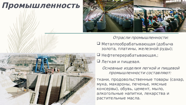 Промышленность Отрасли промышленности: Металлообрабатывающая (добыча золота, платины, железной руды); Нефтеперерабатывающая,; Легкая и пищевая. Основные изделия легкой и пищевой промышленности составляют: ткани, продовольственные товары (сахар, мука, макароны, печенье, мясные консервы), обувь, цемент, мыло, алкогольные напитки, лекарства и растительные масла.