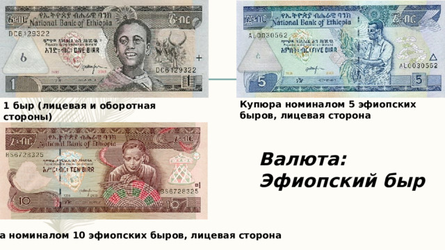 Купюра номиналом 5 эфиопских быров, лицевая сторона 1 быр (лицевая и оборотная стороны) Валюта:  Эфиопский быр Купюра номиналом 10 эфиопских быров, лицевая сторона