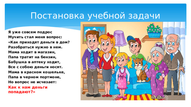 Постановка учебной задачи Я уже совсем подрос Мучить стал меня вопрос: «Как приходят деньги в дом? Разобраться нужно в нем. Мама ходит в магазин, Папа тратит на бензин, Бабушка в аптеку ходит, Все с собою деньги носят. Мама в красном кошельке, Папа в черном портмоне, Но вопрос не исчезает: Как к нам деньги попадают?»