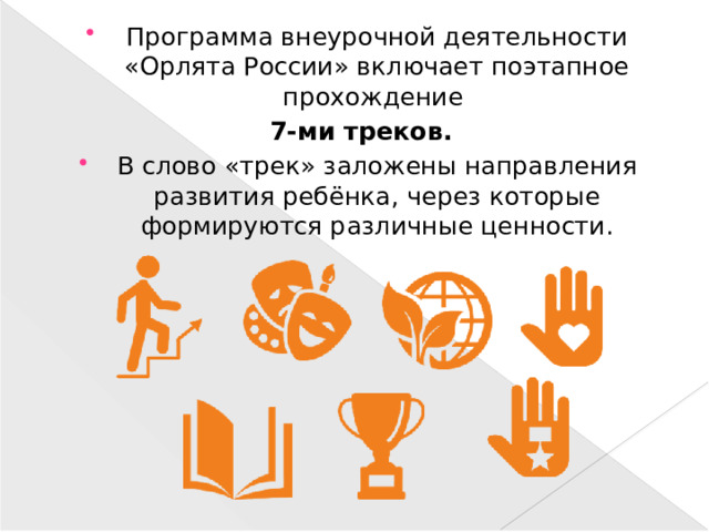 Программа внеурочной деятельности «Орлята России» включает поэтапное прохождение 7-ми треков. В слово «трек» заложены направления развития ребёнка, через которые формируются различные ценности.
