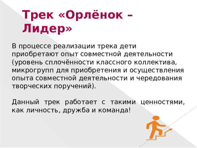 Трек «Орлёнок – Лидер» В процессе реализации трека дети приобретают опыт совместной деятельности (уровень сплочённости классного коллектива, микрогрупп для приобретения и осуществления опыта совместной деятельности и чередования творческих поручений). Данный трек работает с такими ценностями, как личность, дружба и команда!