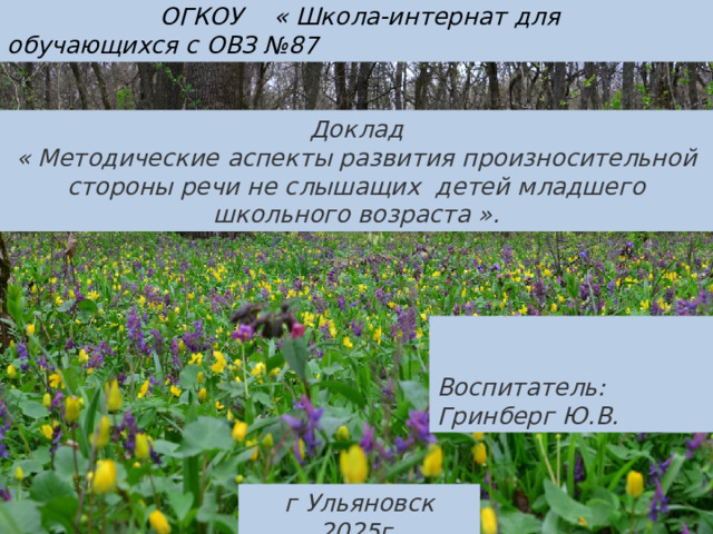 ОГКОУ « Школа-интернат для обучающихся с ОВЗ №87 Доклад « Методические аспекты развития произносительной стороны речи не слышащих детей младшего школьного возраста ».  Воспитатель: Гринберг Ю.В.  г Ульяновск 2025г.