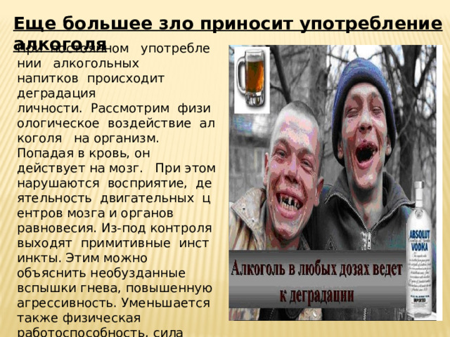 Еще большее зло приносит употребление алкоголя При  постоянном   употреблении   алкогольных напитков  происходит деградация личности.  Рассмотрим  физиологическое  воздействие  алкоголя   на организм. Попадая в кровь, он действует на мозг.   При этом нарушаются  восприятие,  деятельность  двигательных  центров мозга и органов равновесия. Из-под контроля выходят  примитивные  инстинкты. Этим можно объяснить необузданные вспышки гнева, повышенную агрессивность. Уменьшается также физическая работоспособность, сила мышц, нарушаются двигательные навыки и умения.