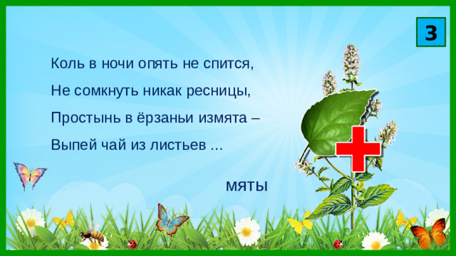 3 Коль в ночи опять не спится,  Не сомкнуть никак ресницы,  Простынь в ёрзаньи измята –  Выпей чай из листьев ... мяты