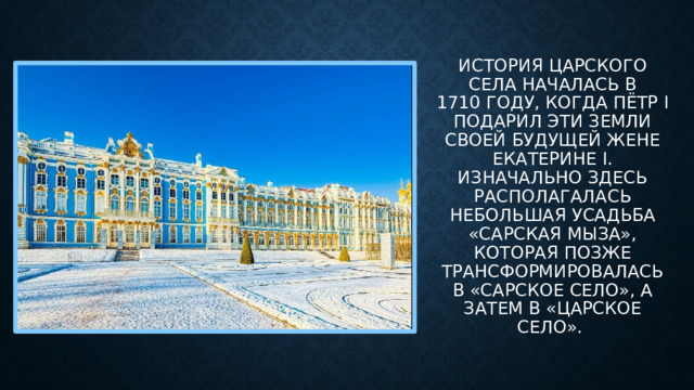 История Царского Села началась в 1710 году, когда Пётр I подарил эти земли своей будущей жене Екатерине I. Изначально здесь располагалась небольшая усадьба «Сарская мыза», которая позже трансформировалась в «Сарское Село», а затем в «Царское Село». 