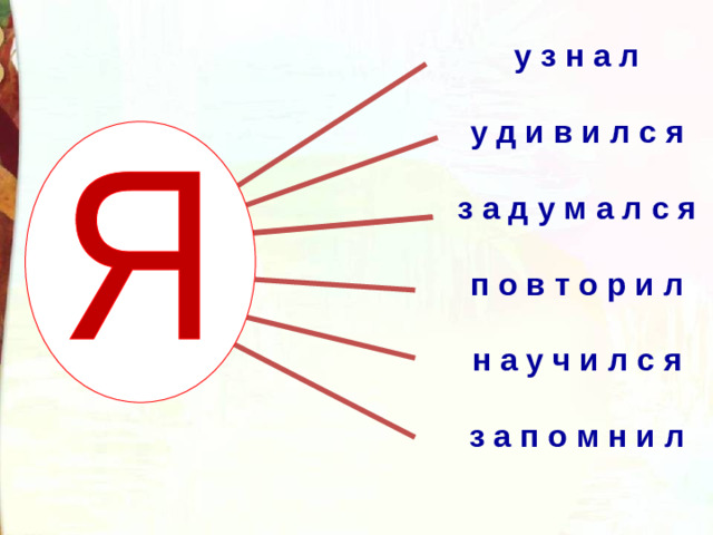 у з н а л   у д и в и л с я   з а д у м а л с я   п о в т о р и л   н а у ч и л с я   з а п о м н и л