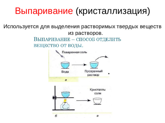 Выпаривание (кристаллизация) Используется для выделения растворимых твердых веществ из растворов.