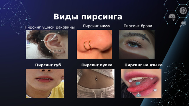 Виды пирсинга Пирсинг брови Пирсинг носа Пирсинг ушной раковины Пирсинг губ Пирсинг пупка Пирсинг на языке