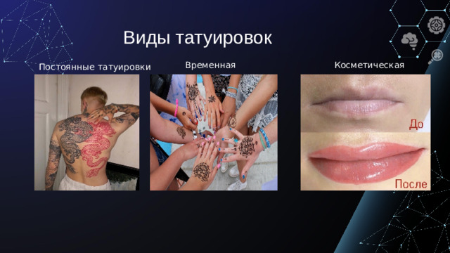 Виды татуировок Постоянные татуировки Временная Косметическая
