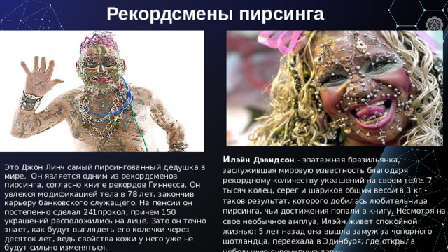 Рекордсмены пирсинга И лэйн Дэвидсон  - эпатажная бразильянка, заслужившая мировую известность благодаря рекордному количеству украшений на своем теле. 7 тысяч колец, серег и шариков общим весом в 3 кг - таков результат, которого добилась любительница пирсинга, чьи достижения попали в книгу. Несмотря на свое необычное амплуа, Илэйн живет спокойной жизнью: 5 лет назад она вышла замуж за чопорного шотландца, переехала в Эдинбург, где открыла небольшую сувенирную лавку. Это Джон Линч самый пирсингованный дедушка в мире. Он является одним из рекордсменов пирсинга, согласно книге рекордов Гиннесса. Он увлекся модификацией тела в 78 лет, закончив карьеру банковского служащего. На пенсии он постепенно сделал 241прокол, причем 150 украшений расположились на лице. Зато он точно знает, как будут выглядеть его колечки через десяток лет, ведь свойства кожи у него уже не будут сильно изменяться.