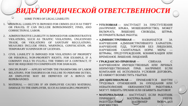Виды юридической ответственности Some types of legal liability: