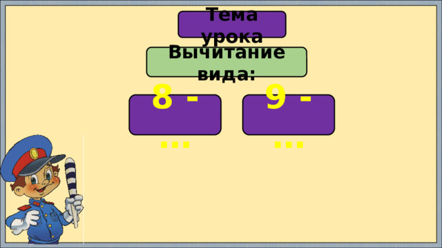 Тема урока Вычитание вида: 8 - … 9 - …
