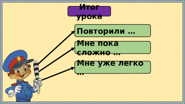 Итог урока Повторили … Мне пока сложно … Мне уже легко …
