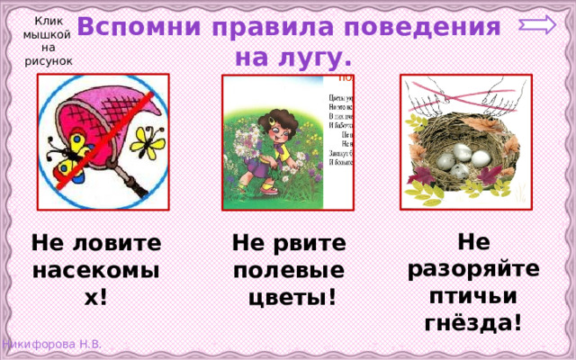 Клик мышкой на рисунок Вспомни правила поведения  на лугу. Не разоряйте птичьи гнёзда! Не рвите полевые цветы! Не ловите насекомых!
