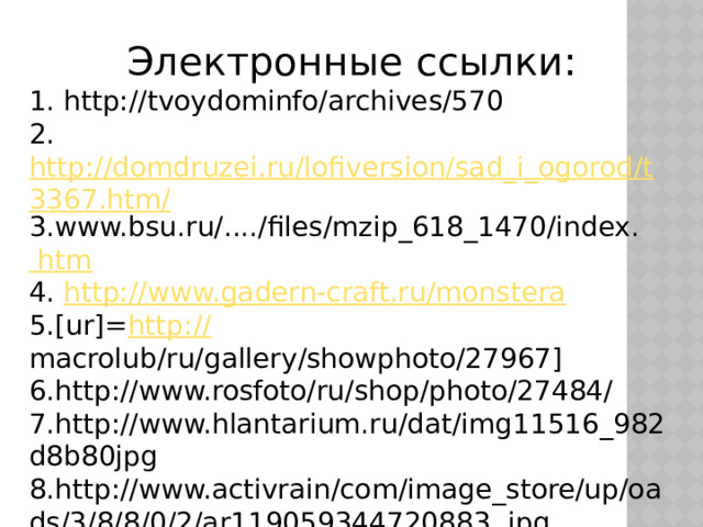 Электронные ссылки: 1. http://tvoydominfo/archives/570 2. http://domdruzei.ru/lofiversion/sad_i_ogorod/t3367.htm/ 3.www.bsu.ru/..../files/mzip_618_1470/index. htm 4. http://www.gadern-craft.ru/monstera 5.[ur]= http:// macrolub/ru/gallery/showphoto/27967] 6.http://www.rosfoto/ru/shop/photo/27484/ 7.http://www.hlantarium.ru/dat/img11516_982d8b80jpg 8.http://www.activrain/com/image_store/up/oa ds/3/8/8/0/2/ar119059344720883. jpg 9.http://www.img-fotki.yandex,ru/get/3104/toots./a/0_1bd07_9b433d7_xl/jpg 10.http://forum.exler.ru/arc/index/php?showtopic=104563&st=300
