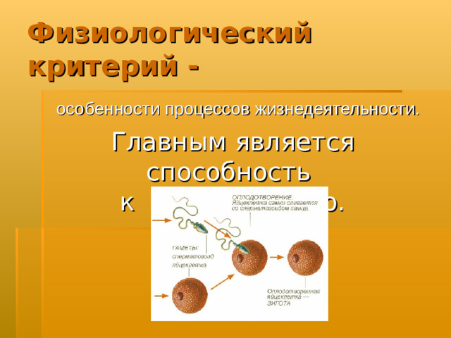 Физиологический критерий -  особенности процессов жизнедеятельности. Главным является способность к размножению.