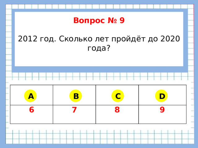 Вопрос № 9  2012 год. Сколько лет пройдёт до 2020 года?      6 7 8 9 A B C D
