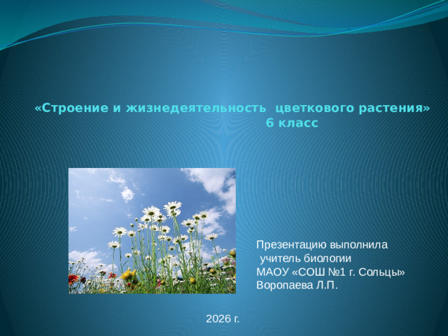 «Строение и жизнедеятельность цветкового растения»  6 класс Презентацию выполнила  учитель биологии МАОУ «СОШ №1 г. Сольцы» Воропаева Л.П. 2026 г.