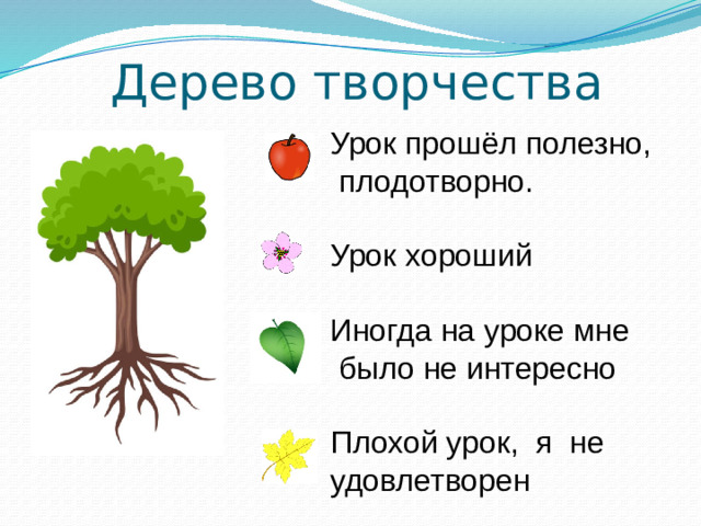 Дерево творчества Урок прошёл полезно,  плодотворно. Урок хороший Иногда на уроке мне  было не интересно Плохой урок, я не удовлетворен