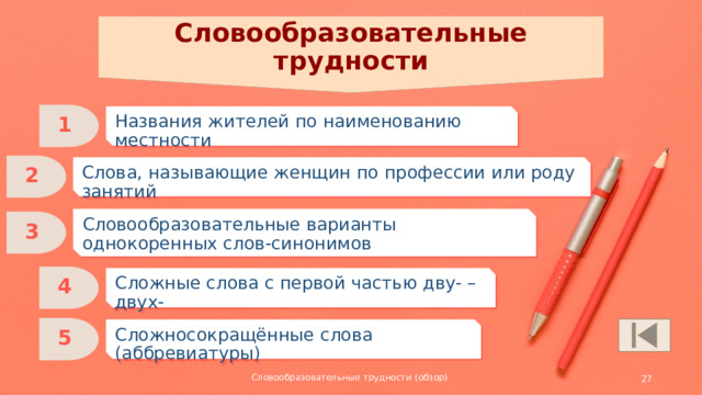 Словообразовательные трудности 1 Названия жителей по наименованию местности 2 Слова, называющие женщин по профессии или роду занятий Словообразовательные варианты однокоренных слов-синонимов 3 4 Сложные слова с первой частью дву- – двух- 5 Сложносокращённые слова (аббревиатуры) Словообразовательные трудности (обзор)