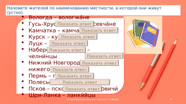 Назовите жителей по наименованию местности, в которой они живут (устно). Вологда – вологжа́не Гусь-Хрустальный – гусевча́не Камчатка – камчада́лы Курск – куря́не Луцк – луча́не Набережные Челны – челни́нцы Нижний Новгород – нижегоро́дцы Пермь – пермяки́ Полесье – полещуки́ Псков – псковитя́не и псковичи́ Шри-Ланка – ланки́йцы Показать ответ Показать ответ Показать ответ Показать ответ Показать ответ Показать ответ Показать ответ Показать ответ Показать ответ Показать ответ Показать ответ Словообразовательные трудности (обзор)