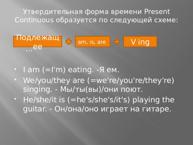 Утвердительная форма времени Present Continuous образуется по следующей схеме:   … I am (=I'm) eating. -Я ем. We/you/they are (=we're/you're/they're) singing. - Мы/ты(вы)/они поют. He/she/it is (=he's/she's/it's) playing the guitar. - Он/она/оно играет на гитаре. Подлежащее am, is, are V ing