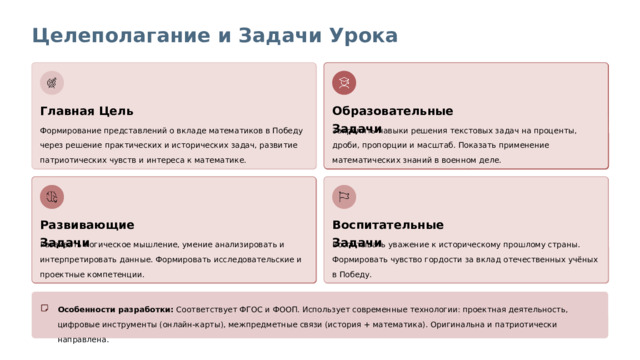 Целеполагание и Задачи Урока Главная Цель Образовательные Задачи Формирование представлений о вкладе математиков в Победу через решение практических и исторических задач, развитие патриотических чувств и интереса к математике. Закрепить навыки решения текстовых задач на проценты, дроби, пропорции и масштаб. Показать применение математических знаний в военном деле. Развивающие Задачи Воспитательные Задачи Развивать логическое мышление, умение анализировать и интерпретировать данные. Формировать исследовательские и проектные компетенции. Воспитывать уважение к историческому прошлому страны. Формировать чувство гордости за вклад отечественных учёных в Победу. Особенности разработки: Соответствует ФГОС и ФООП. Использует современные технологии: проектная деятельность, цифровые инструменты (онлайн-карты), межпредметные связи (история + математика). Оригинальна и патриотически направлена.