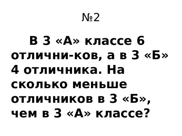 № 2  В 3 «А» классе 6 отлични-ков, а в 3 «Б» 4 отличника. На сколько меньше отличников в 3 «Б», чем в 3 «А» классе?