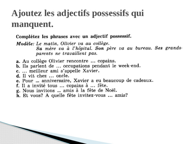 Ajoutez les adjectifs possessifs qui manquent.