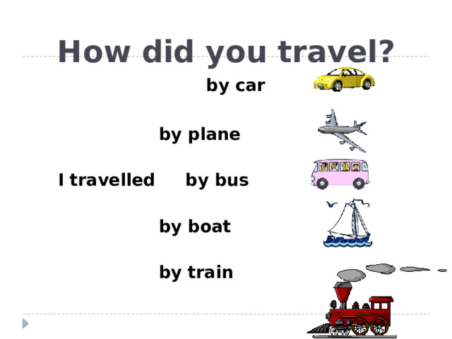 How did you travel?  by car   by plane  I travelled by bus   by boat   by train