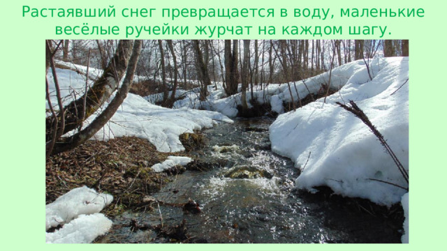 Растаявший снег превращается в воду, маленькие весёлые ручейки журчат на каждом шагу.