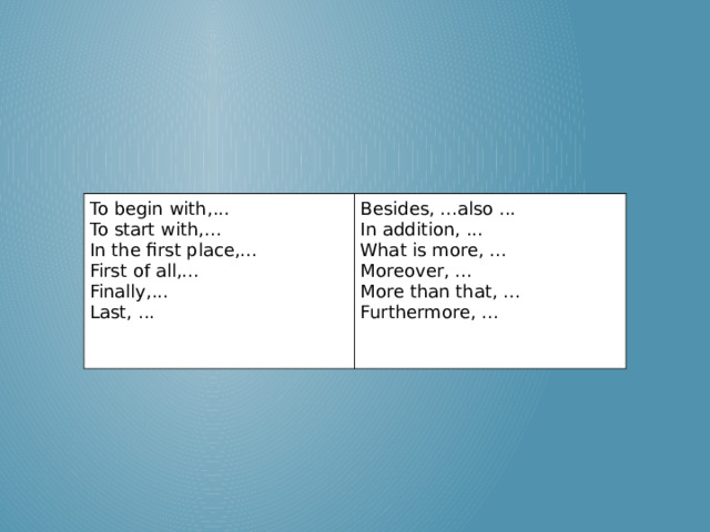 To begin with,...  To start with,...  In the first place,...  First of all,...  Finally,...  Last, ...    Besides, ...also ...  In addition, ...  What is more, ...  Moreover, ...   More than that, ...  Furthermore, ...